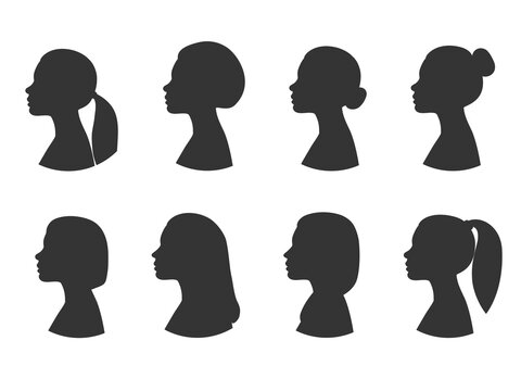 Collection of female profile silhouettes. Different hairstyles side view. Vector illustration