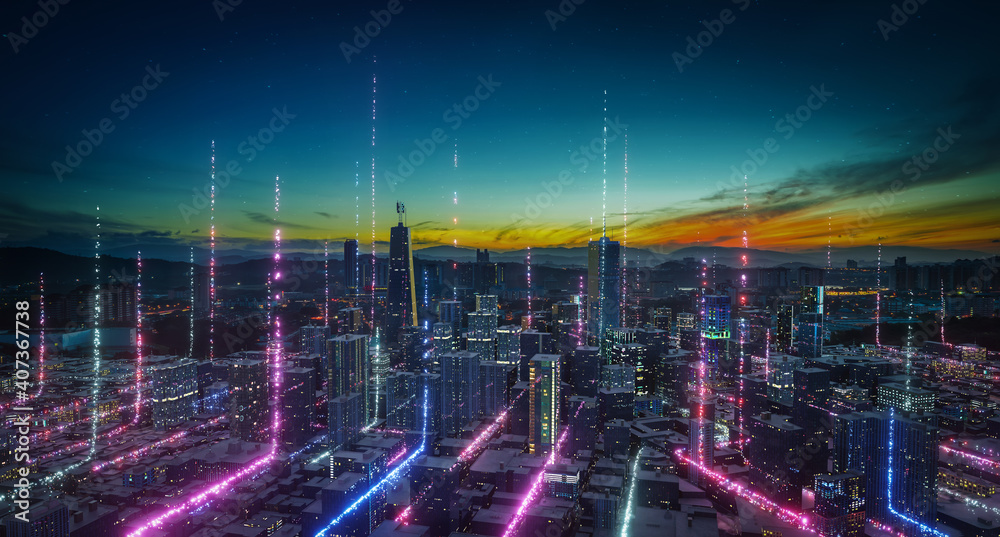 Wall mural smart city with particle glowing light connection design