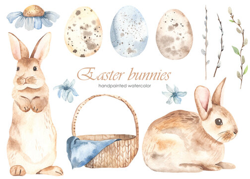 Watercolor set with Easter bunnies, basket, quail eggs, pussy willow, blue flowers