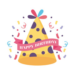happy birthday badge with hat party and confetti decoration