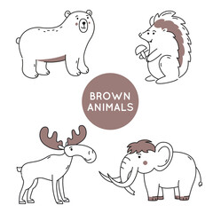 Set of doodle brown animals isolated. Collection of coloring characters.	