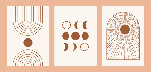 Boho sun, moon, arch set, minimalist mid century modern art