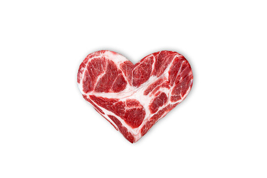 Fresh raw meat in the shape of heart isolated on a white background