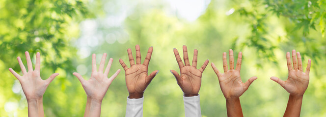 diversity, multiethnic and international concept - hands of people with diverse ethnicity over green natural background