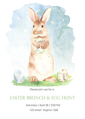 Watercolor card with easter bunny, easter eggs, easter brunch, egg hunter