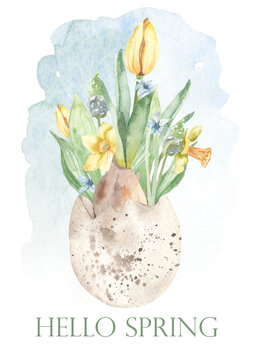 Hello spring watercolor card with spring flowers, tulips, hyacinths, daffodils, leaves in eggshell