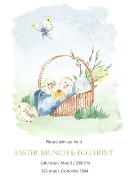 Watercolor card with basket of easter eggs, willows, spring foliage, butterfly, easter brunch, egg hunter