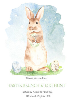 Watercolor card with easter bunny, easter eggs, easter brunch, egg hunter