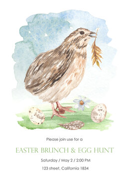 Watercolor card with quail, quail eggs, easter brunch, egg hunter
