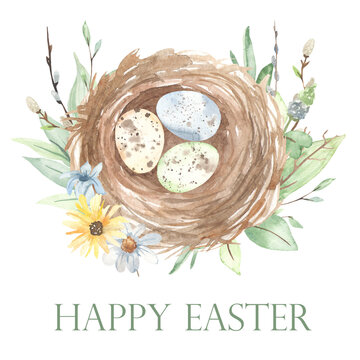 Watercolor easter card with bird nest, eggs, spring greenery, leaves, twigs, flowers, willows