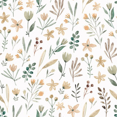 Hand drawn flowers watercolor seamless pattern. Flowers field. Cute meadow with different plants and flowers. Cute background.
