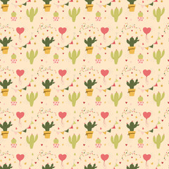 Valentine's day seamless pattern cactus and hearts love. Greeting card or invitation in trendy style. Vector illustration