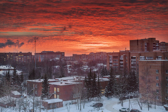 Burning Sky At Dawn Over The City On Frosty Winter Morning