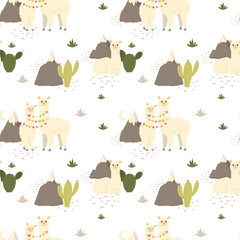 Obraz premium Cute llama alpaca, cactus, mountains seamless pattern. Vector hand drawn illustration.