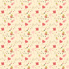Valentine's day seamless pattern gifts and hearts. Greeting card or invitation in trendy style.Vector illustration