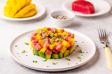 Tuna mango avocado salad tartare.
