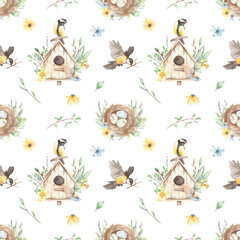 Watercolor seamless pattern with nest with eggs, birdhouse, titmouse, spring flowers, branches, spring greenery on a white background