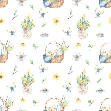 Watercolor seamless pattern with a basket of Easter eggs, spring flowers in a shell, butterfly, flowers, leaves on a white background