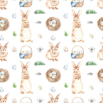Watercolor seamless pattern with cute easter bunnies, basket of eggs, nest with eggs, grass, flowers on a white background