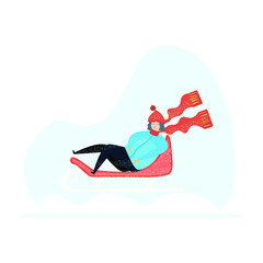 Vector illustration, felt. Girl on a sled, in a red scarf and hat