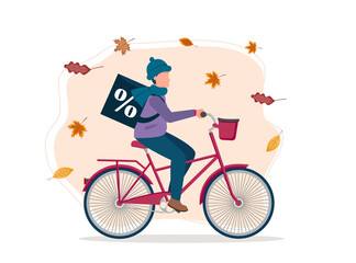 Autumn discounts. Young guy rides a bike with a backpack with discounts. Vector illustration