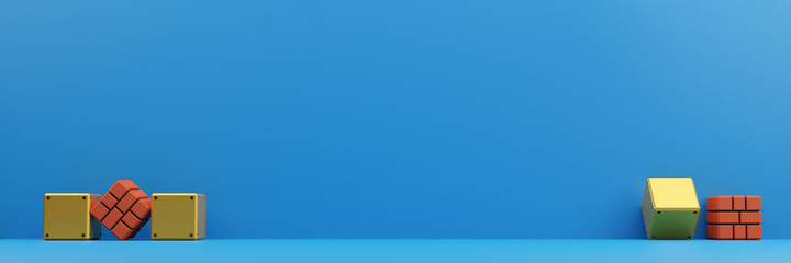 Minimal scene brick block and yellow steel block with white cloud on blue background. Geometric shape.3D rendering.Use For Product Showcase..wide panorama banner background.