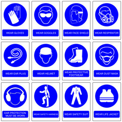 Industrial warning blue sign vector set isolated on white background, please wear safety Personal Protective Equipment for construction work