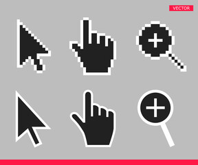 Black and white arrow, hand and magnifier mouse cursor icons vector illustration set flat style design isolated on gray background.