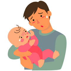 泣き出しそうな赤ちゃんを抱く若い父親