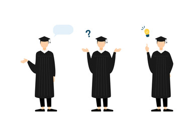 卒業用の角帽とガウン姿の大学生、3ポーズ