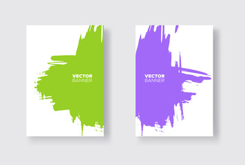 Purple and green abstract design set. Ink paint on brochure, Monochrome element isolated on white.