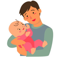 笑顔の赤ちゃんを抱く若い父親