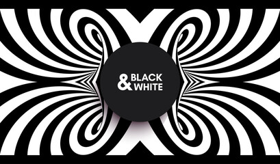 Black and white abstract striped background. Pattern with optical illusion. 3d surreal vector illustration.