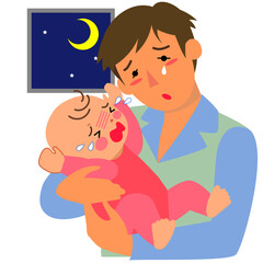 赤ちゃんの夜泣きで困る父親
