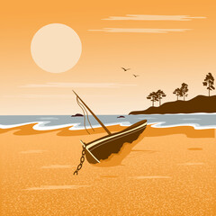 A lone boat abandoned the shore. Vector illustration