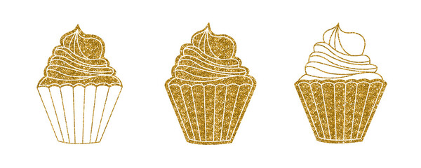 Set of a gold cupcake isolated on white background for postcard, logo, invitations, greeting cards, business card. Glitter golden Cupcakes icons. Bakery logo