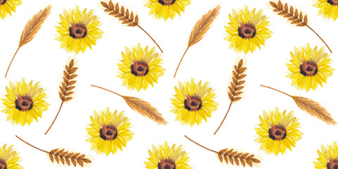 Watercolor seamless pattern with sunflowers and hay for fabrics, paper, textile, gift wrap isolated on white background. Watercolor sun flower 