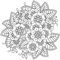 Outline square floral pattern in mehndi style for henna, mehndi, tattoo, decoration. decorative ornament in ethnic oriental style. doodle ornament. outline hand draw illustration. coloring book page.