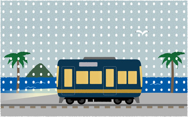 豪雨の中 海沿いを走る電車のベクターイラスト Beach Wall Mural Bea Icim