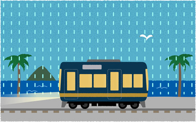 雨の中、海沿いを走る電車のベクターイラスト