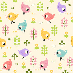 Seamless vector pattern with colorful birds, flowers and grass on beige background. Cute kids pattern.