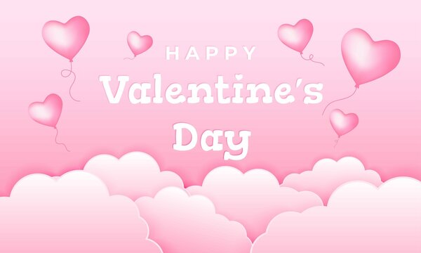 Happy valentine's day banner design. Sky and love ballon illustration with pink background color. Flat design vector isolated. Usable for banner, background and card.