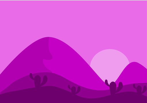 Desert Landscape with Cactus, Hills and Mountains Silhouettes. Vector Nature Horizontal Background © denayune