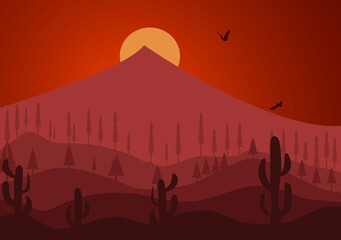 Desert Landscape with Cactus, Hills and Mountains Silhouettes. Vector Nature Horizontal Background