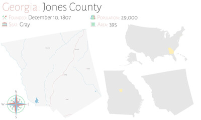 Large and detailed map of Jones county in Georgia, USA.