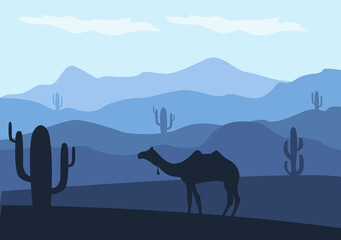 Desert Landscape with Cactus, Hills and Mountains Silhouettes. Vector Nature Horizontal Background