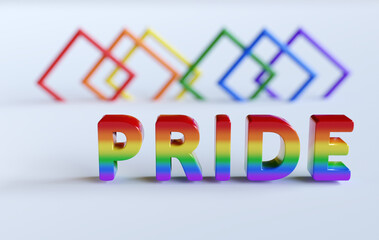 Rainbow PRIDE word on white background. 3d render illustration. LGBT, Pride day concept.