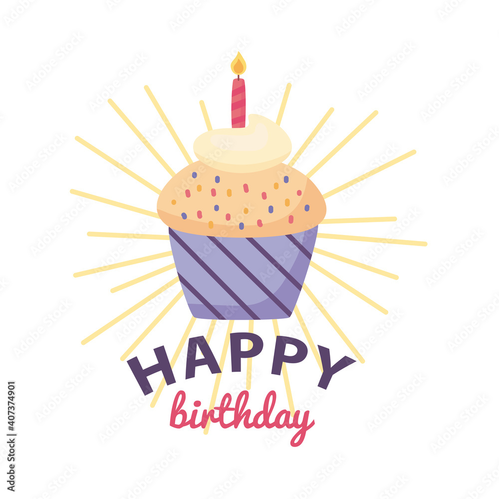 Poster happy birthday badge with delicious cupcake on white background