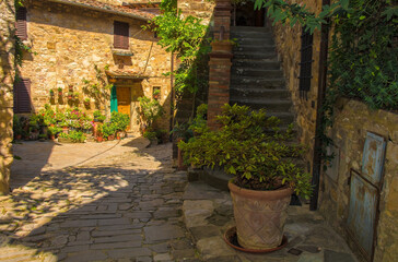 Fototapeta na wymiar Residential buildings in the historic medieval village of Montefioralle near Greve in Chianti in Florence province, Tuscany, Italy 