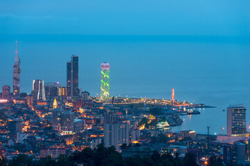Aerial View Of Urban Cityscape Skyline At Sunset. Georgian Black Sea Coast. Resort Town